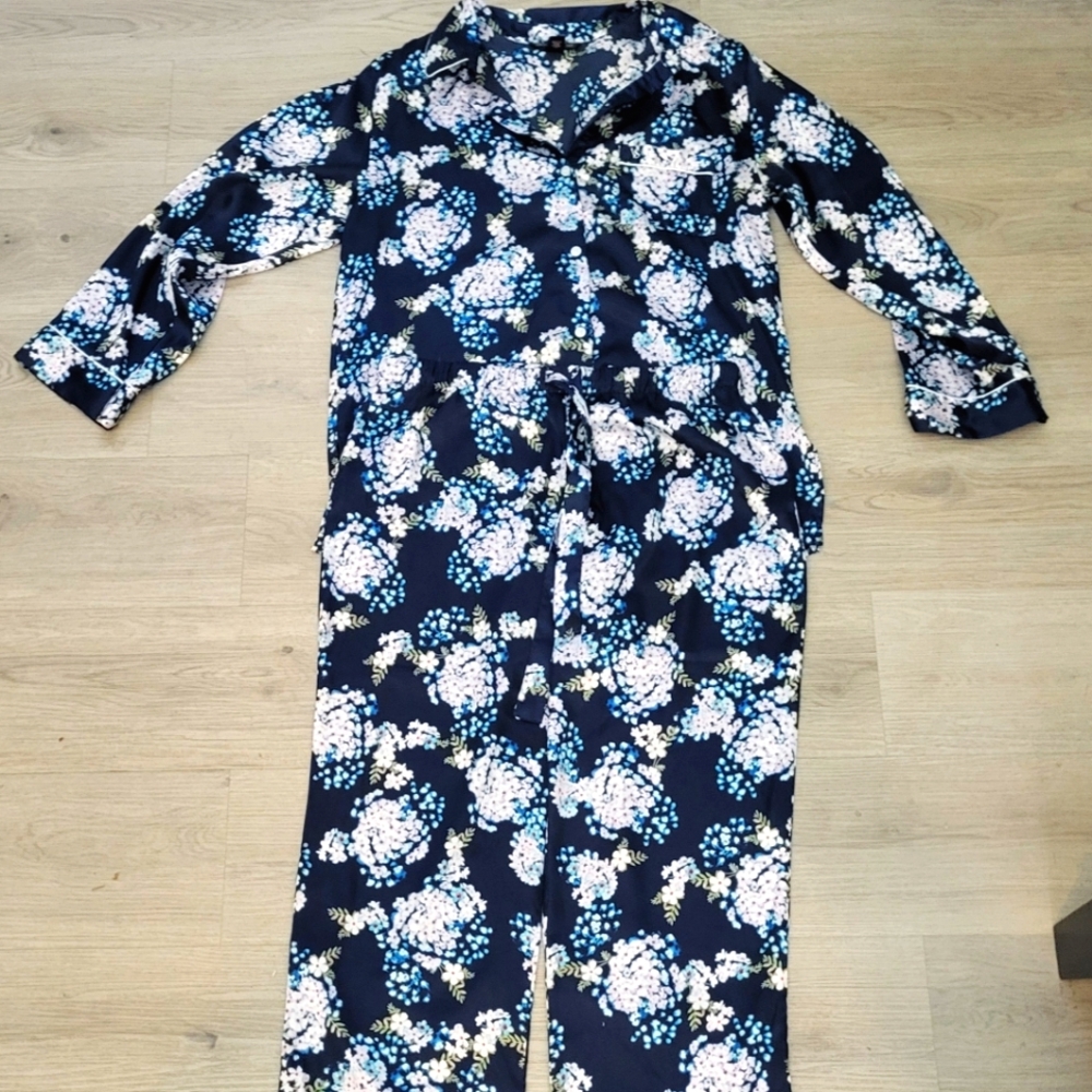 Victoria Secret Satin Pajama Set Womens M Blue Floral Tie Waste